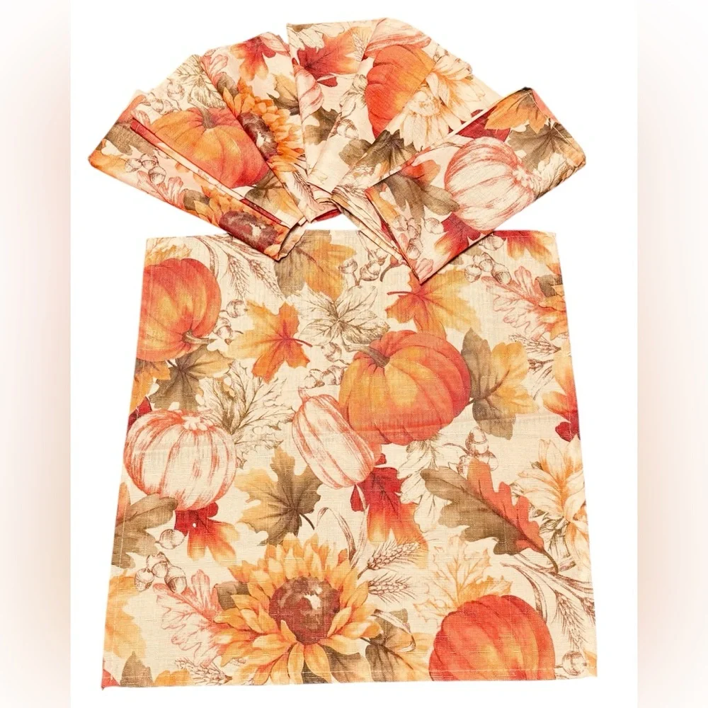 Set of 8 cloth napkins linen autumn fall harvest pumpkins sunflowers acorns